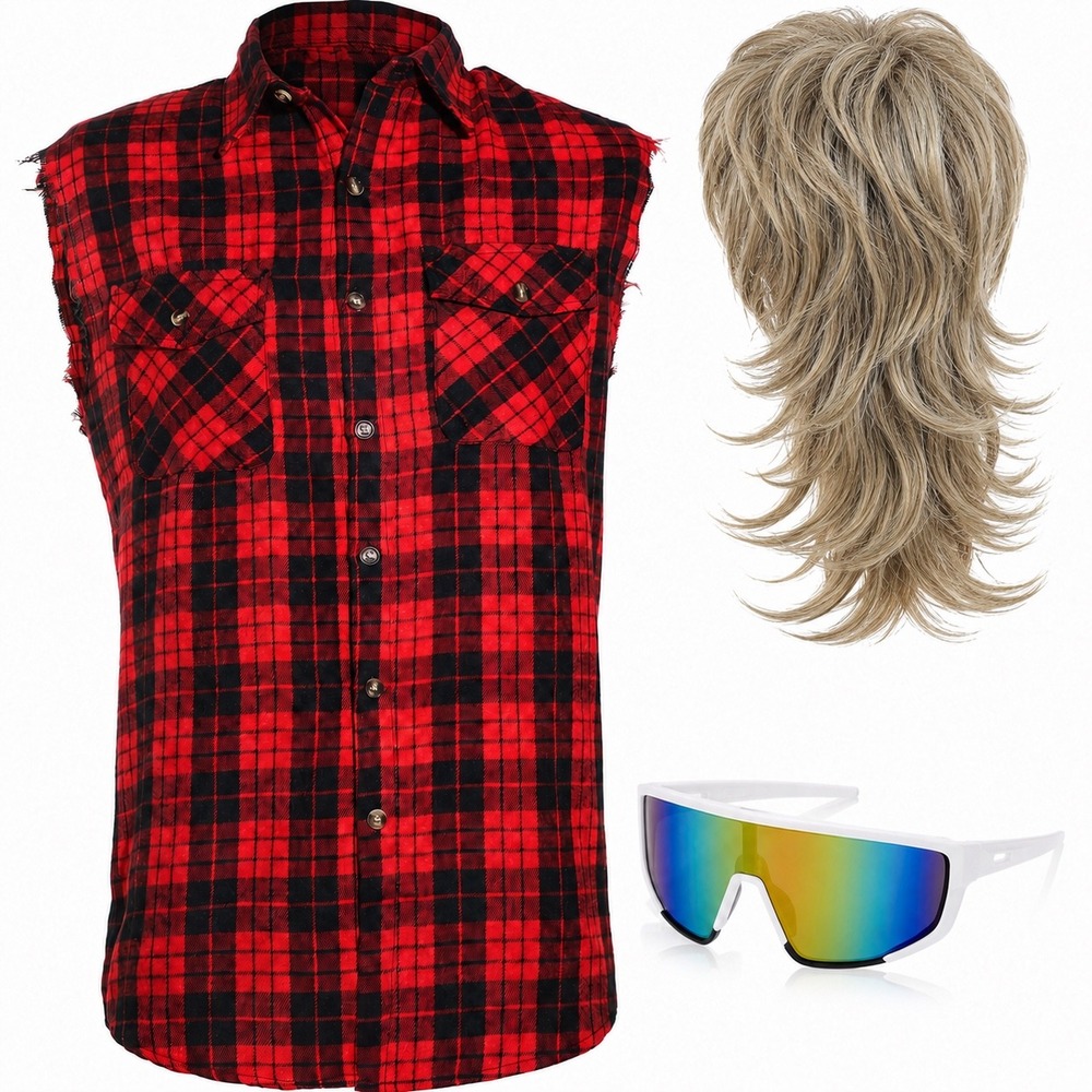 NWT Mens 80s Costume Blonde Mullet Wig Plaid Sleeveless Shirt Sunglasses XL